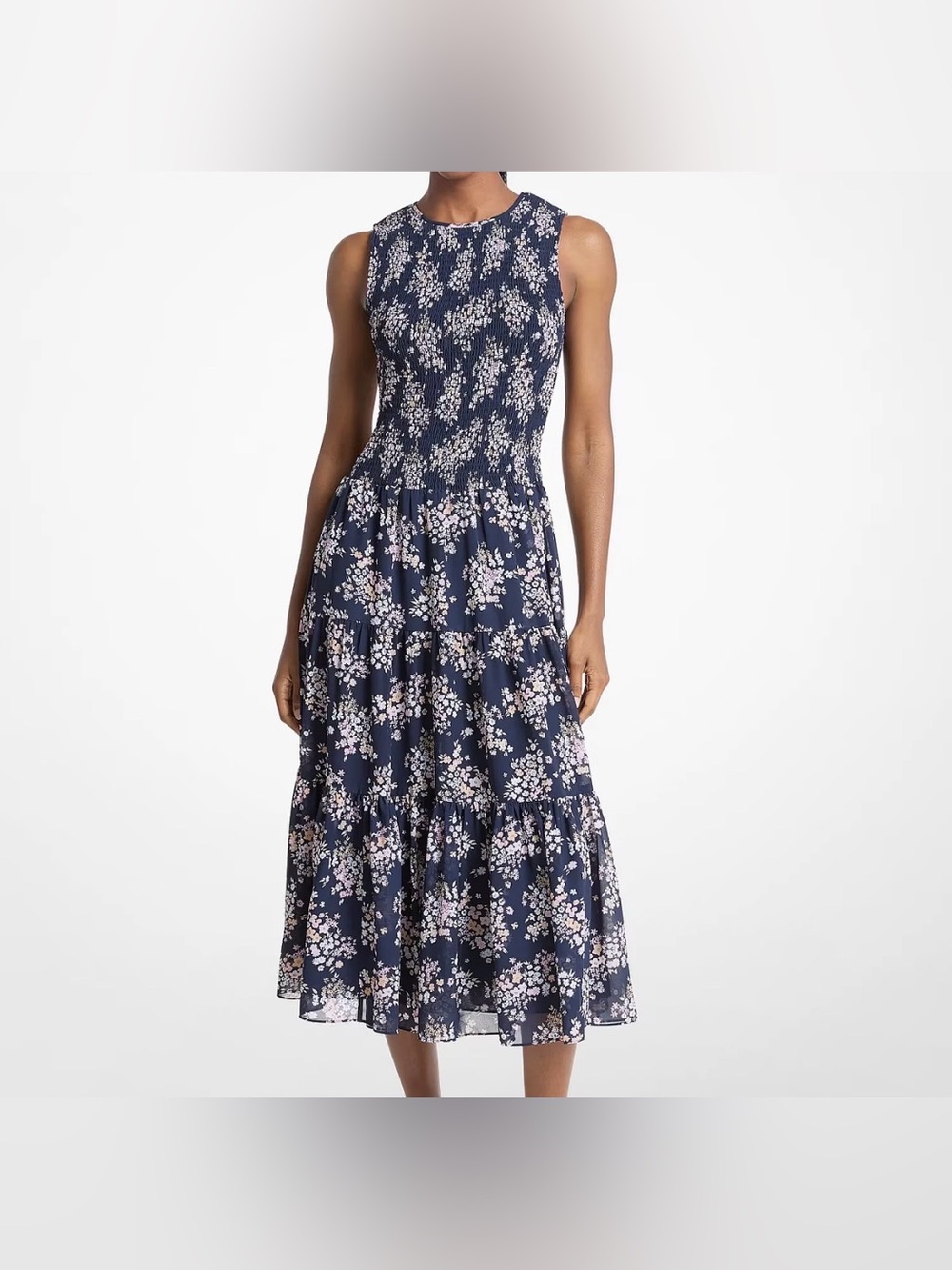Michael Kors Floral Print Smocked Georgette Midi Dress